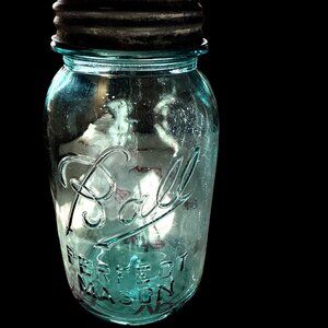 Vintage 1933-1962 Ball Perfect Mason Blue Glass Quart Canning Jar Zinc Lid